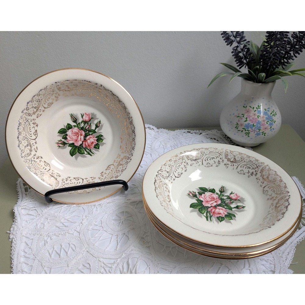 Set of 4 Vintage Tudor Rose Cereal Bowls, Floral China Soup Bowls, Pink Rose